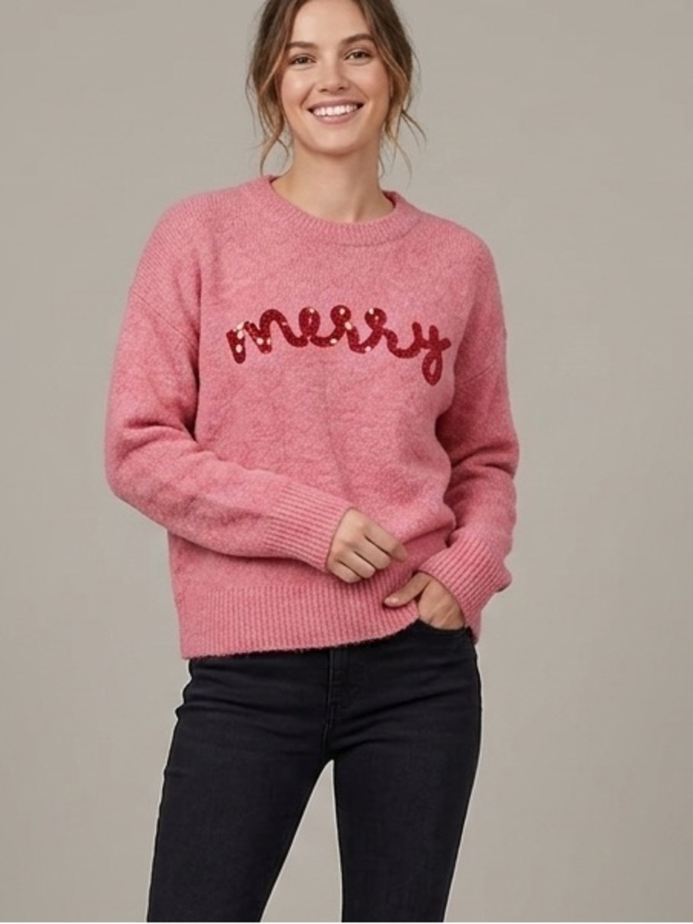 Dreamers by Debut Pink "Merry" Sequin Script Knit Sweater Medium